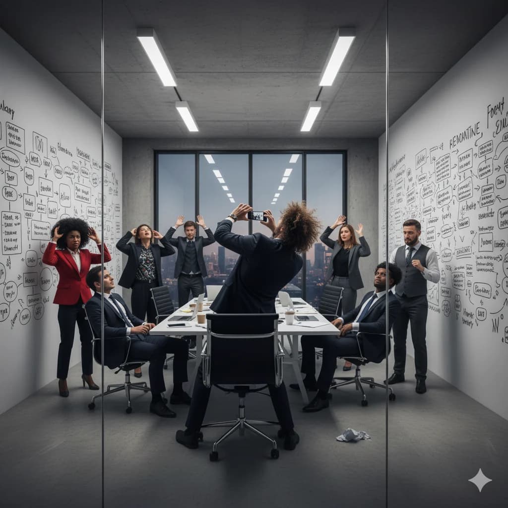 Office workers crowding around a whiteboard, photographing it on their phones at the end of a meeting